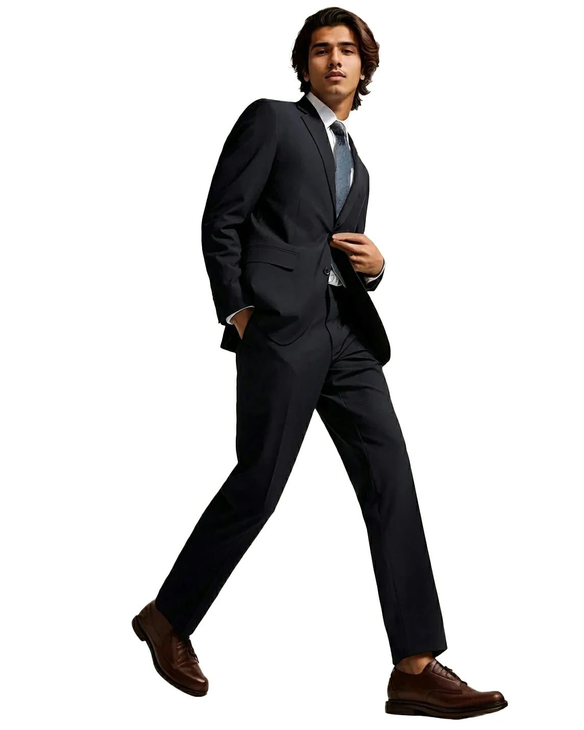 full front view of a man wearing solid black slim fit pants