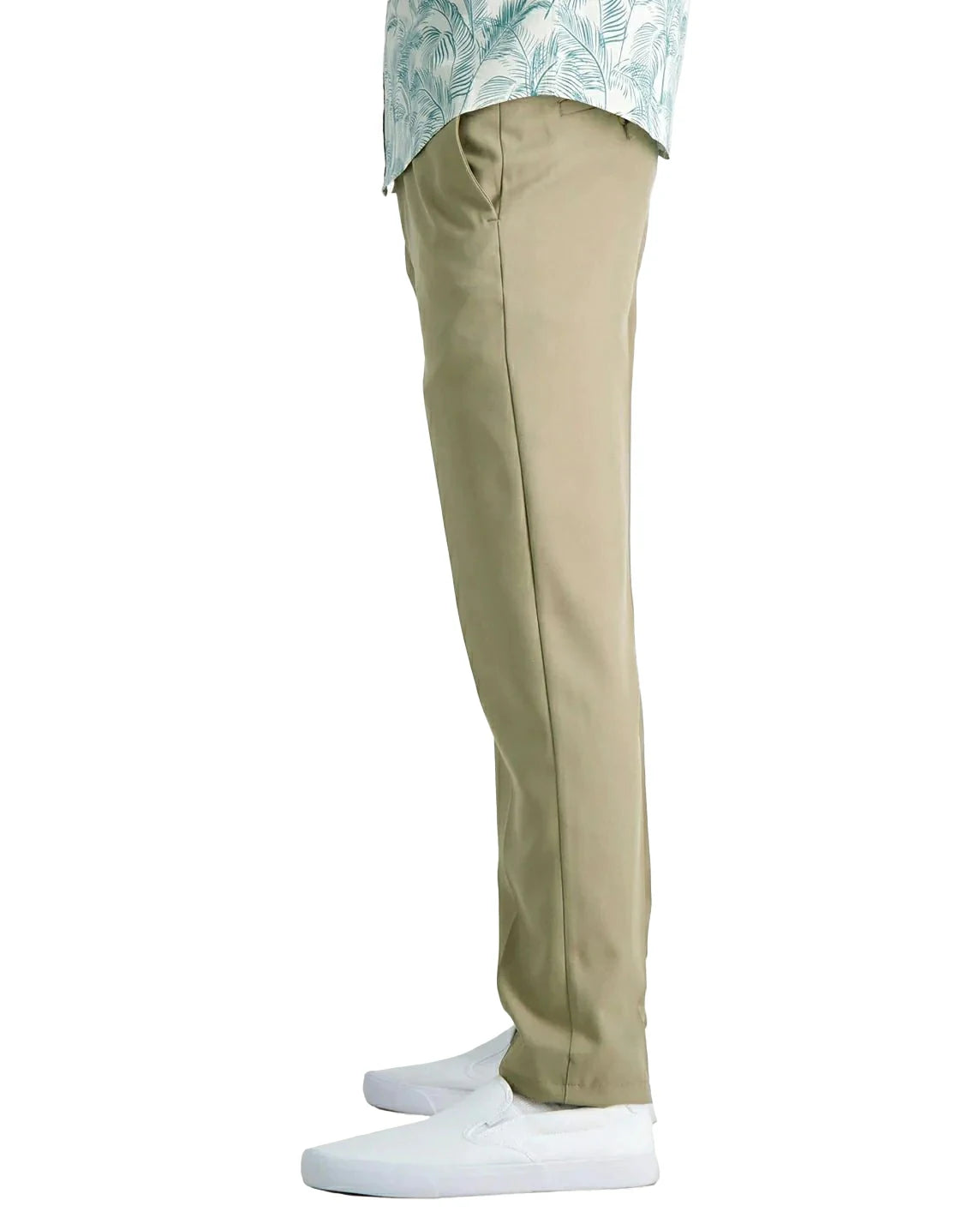 side view of a man wearing solid khaki dress pants with two side pockets