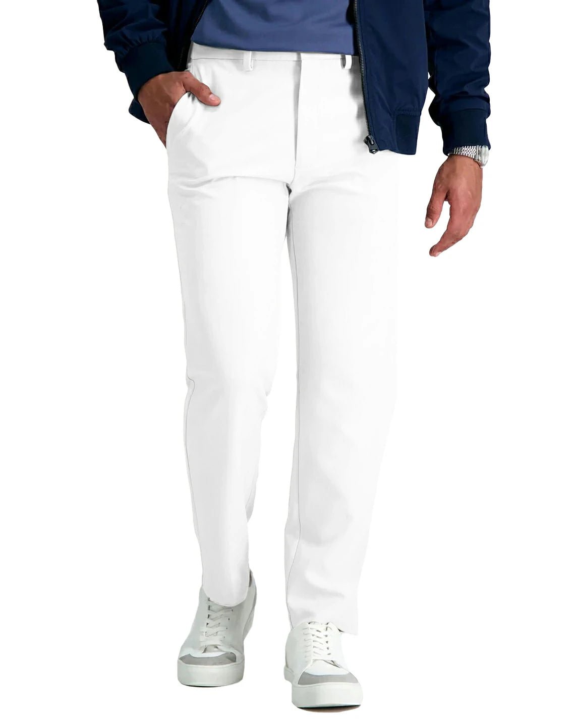 front view of a man wearing solid white stretch pants with button and zipper closure