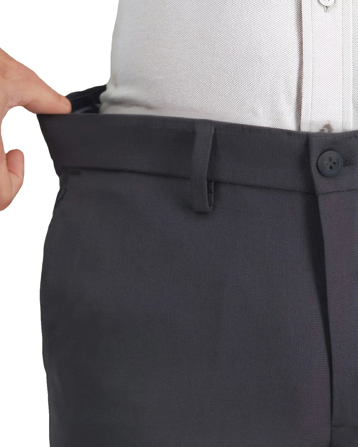 a close-up of the elastic waistband of mens grey stretch pants