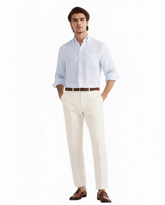 full front view of a man wearing solid ivory dress pants