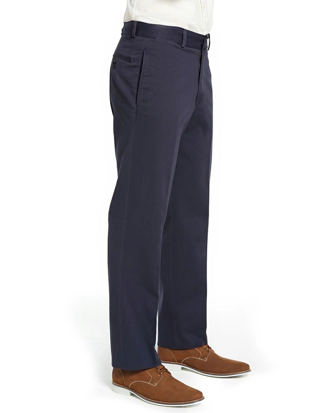 side view of a man wearing solid navy blue casual pants with two side pockets