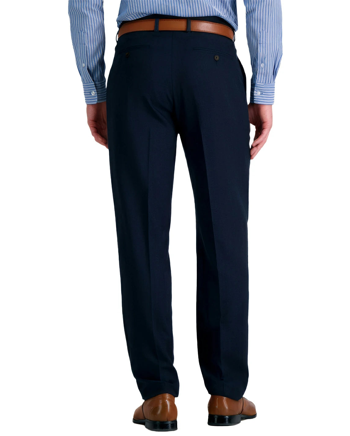 back view of a man wearing solid navy blue dress pants with button back pockets