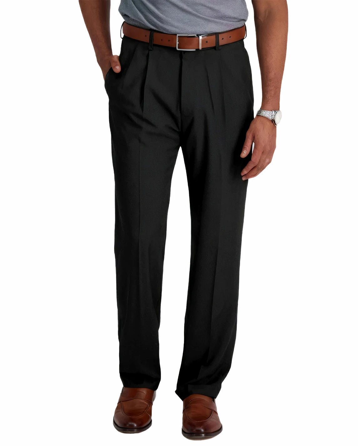 front view of a man wearing solid black dress pants with button and zipper closure