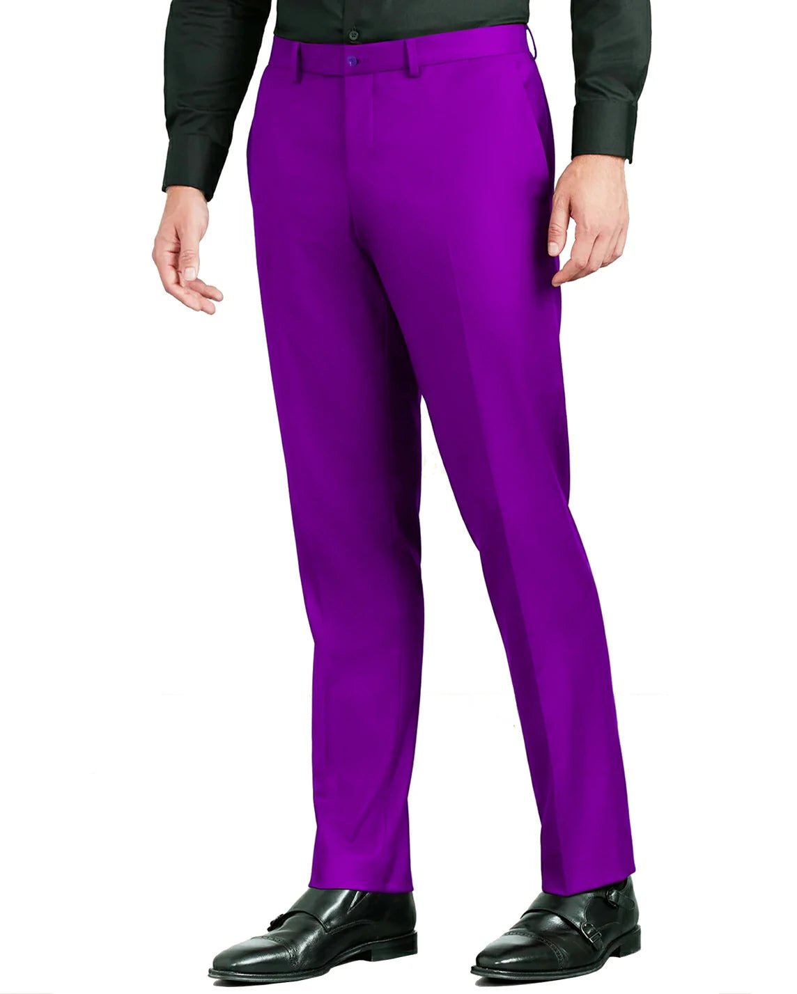 front view of a man wearing solid purple dress pants with button and zipper closure