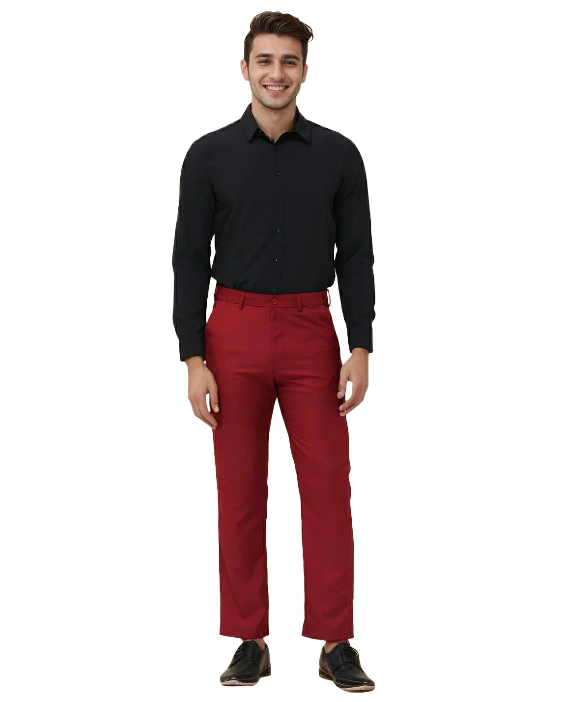 full front view of a man wearing solid red slim fit suit pants