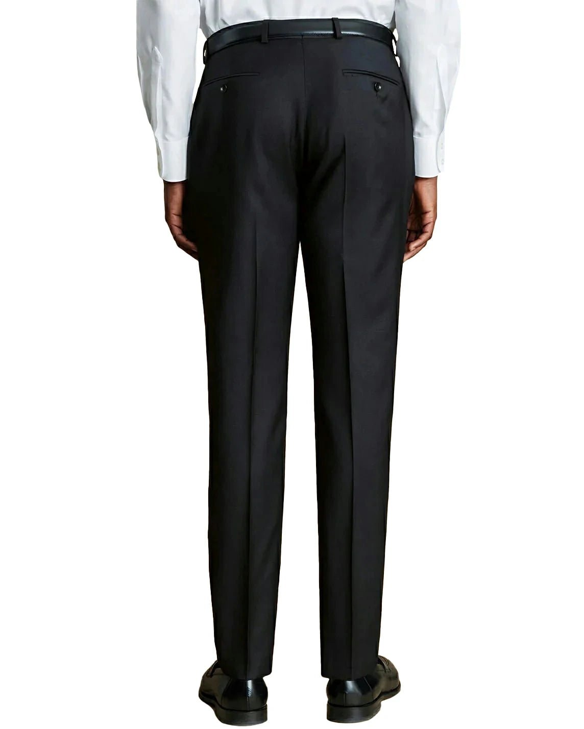 back view of a man wearing solid black slim dress pants with button back pockets