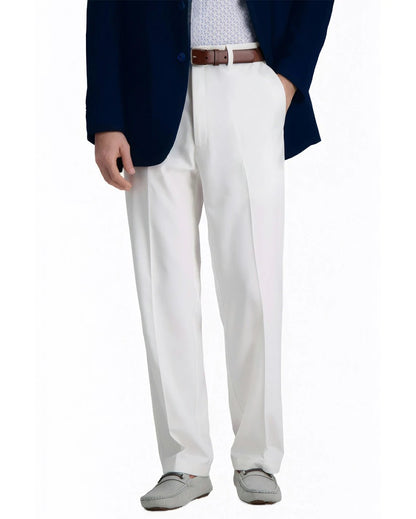 front view of a man wearing solid white dress pants with button and zipper closure