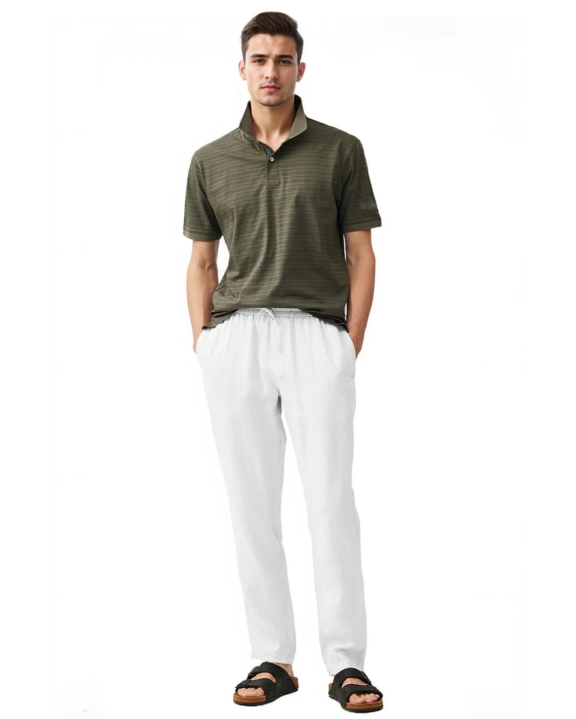 full front view of a man wearing solid white linen pants