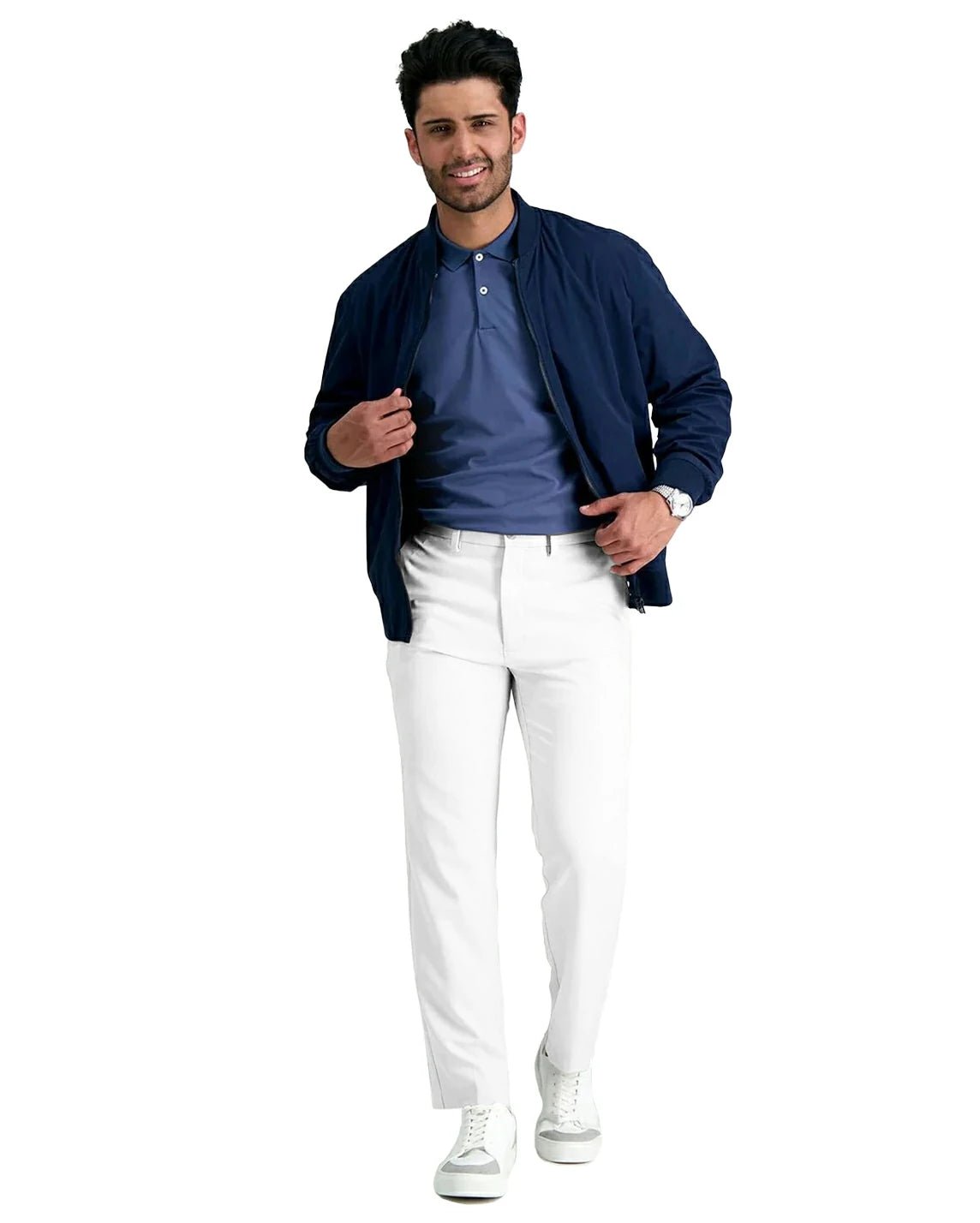 full front view of a man wearing solid white stretchy pants