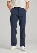 Close-up men's navy blue flat front cotton pants, regular fit casual dress pants with expandable waistband detail