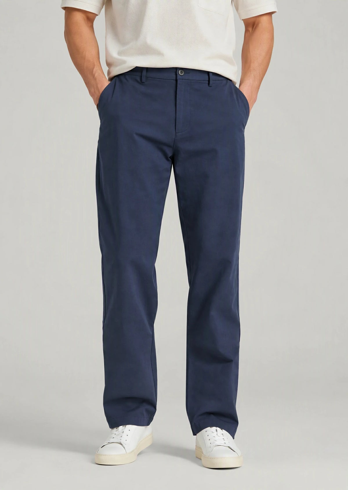 Close-up men's navy blue flat front cotton pants, regular fit casual dress pants with expandable waistband detail