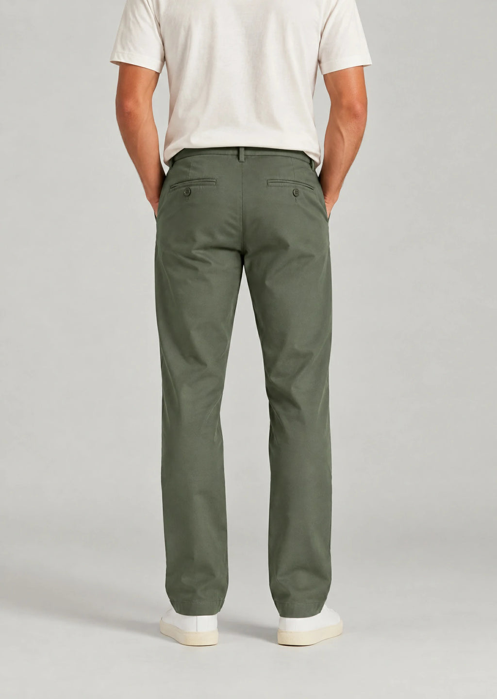 Back view of men's classic fit olive green cotton pants with button welt back pockets, non-stretch casual trousers