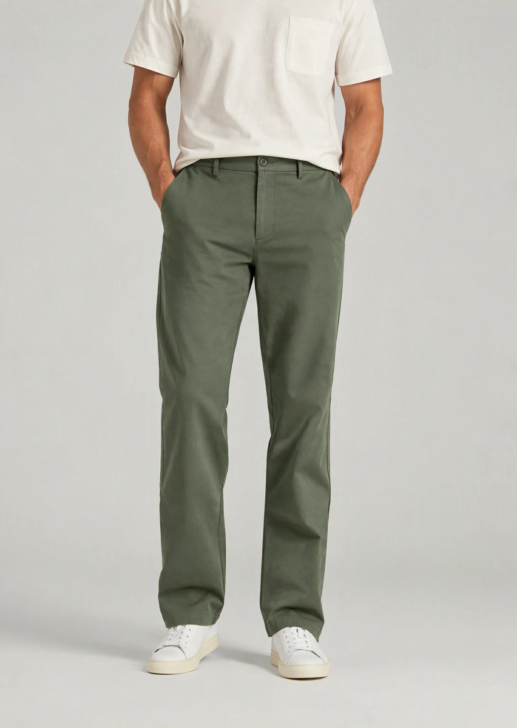 Close-up men's olive green flat front cotton pants, regular fit casual dress pants with expandable waistband detail