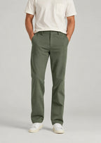 Close-up men's olive green flat front cotton pants, regular fit casual dress pants with expandable waistband detail