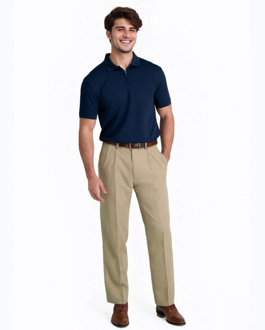 full front view of a man wearing solid khaki pleated dress pants