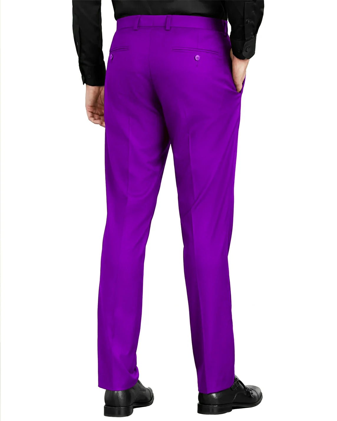 back view of a man wearing solid purple dress pants with button back pockets