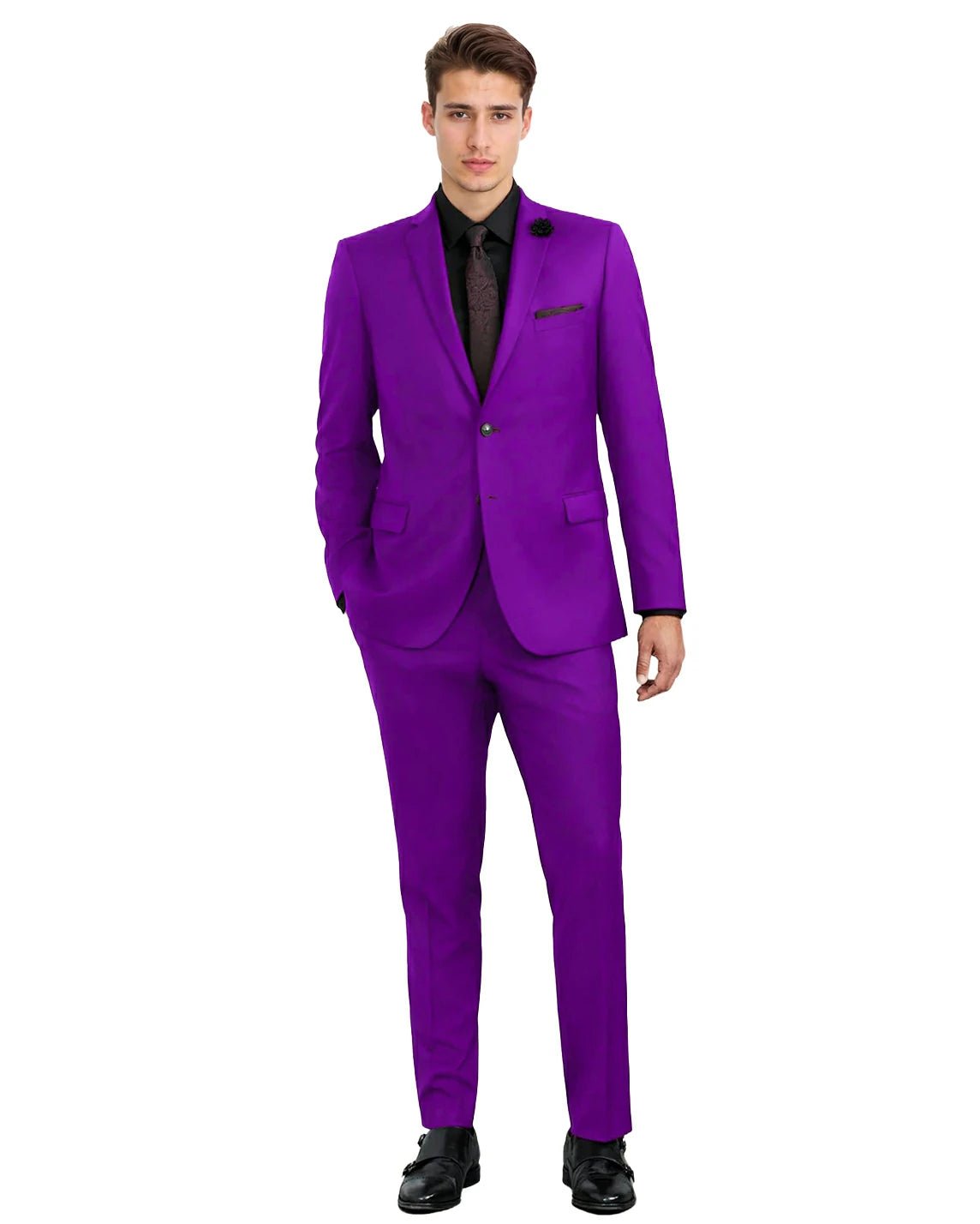 full front view of a man wearing solid purple dress pants