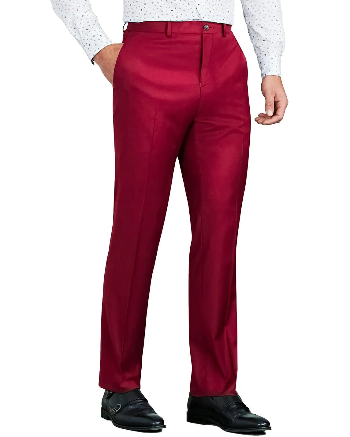 front view of a man wearing solid red dress pants with button and zipper closure