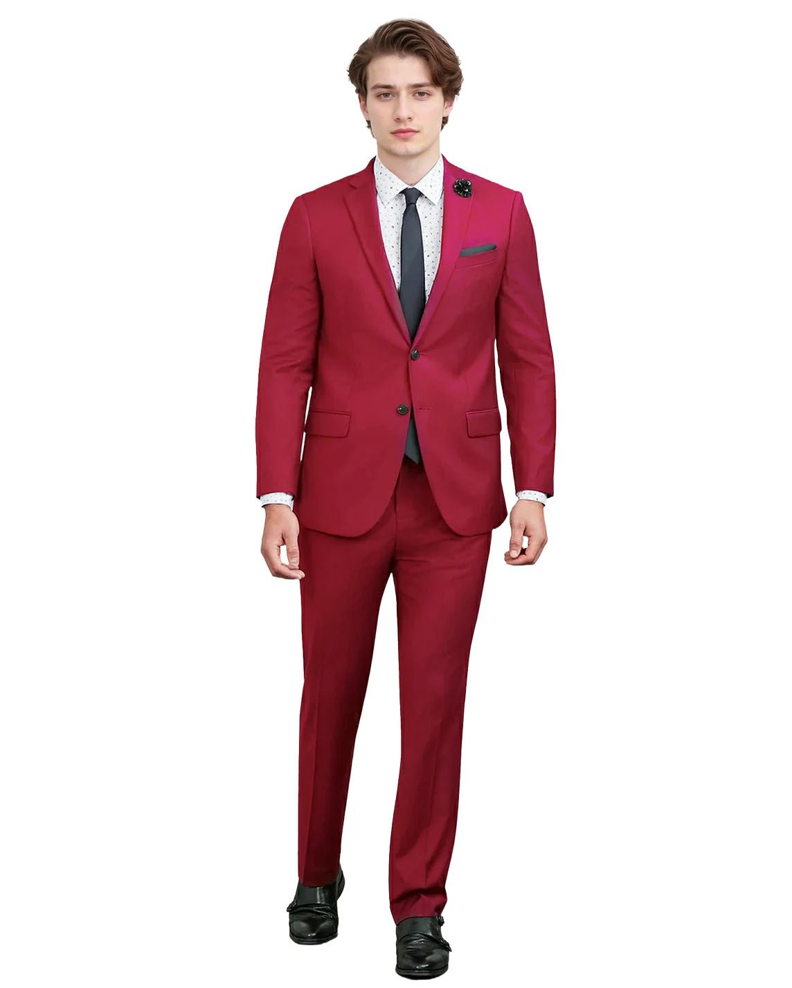 full front view of a man wearing solid red dress pants