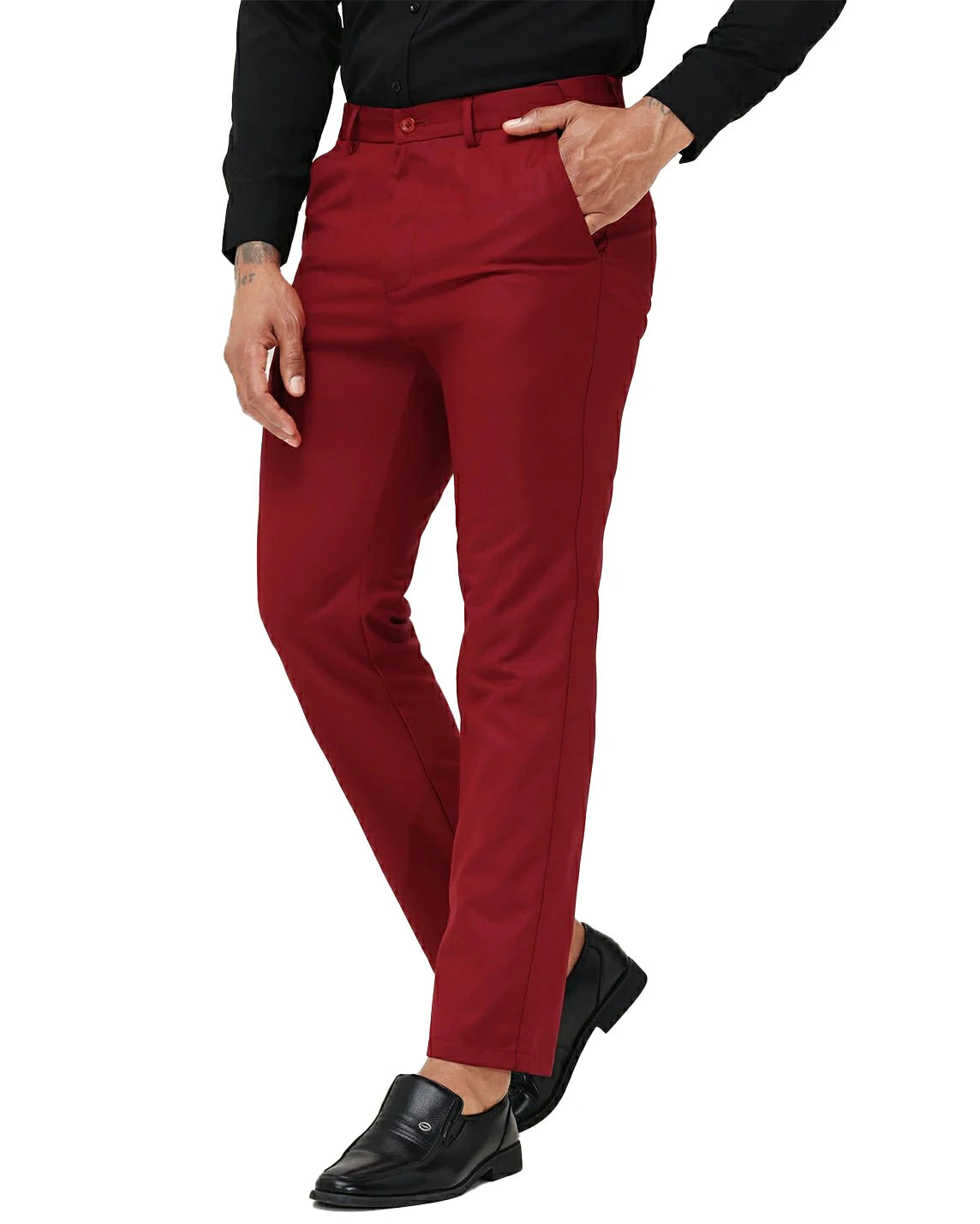 front view of a man wearing solid red dress pants with button and zipper closure