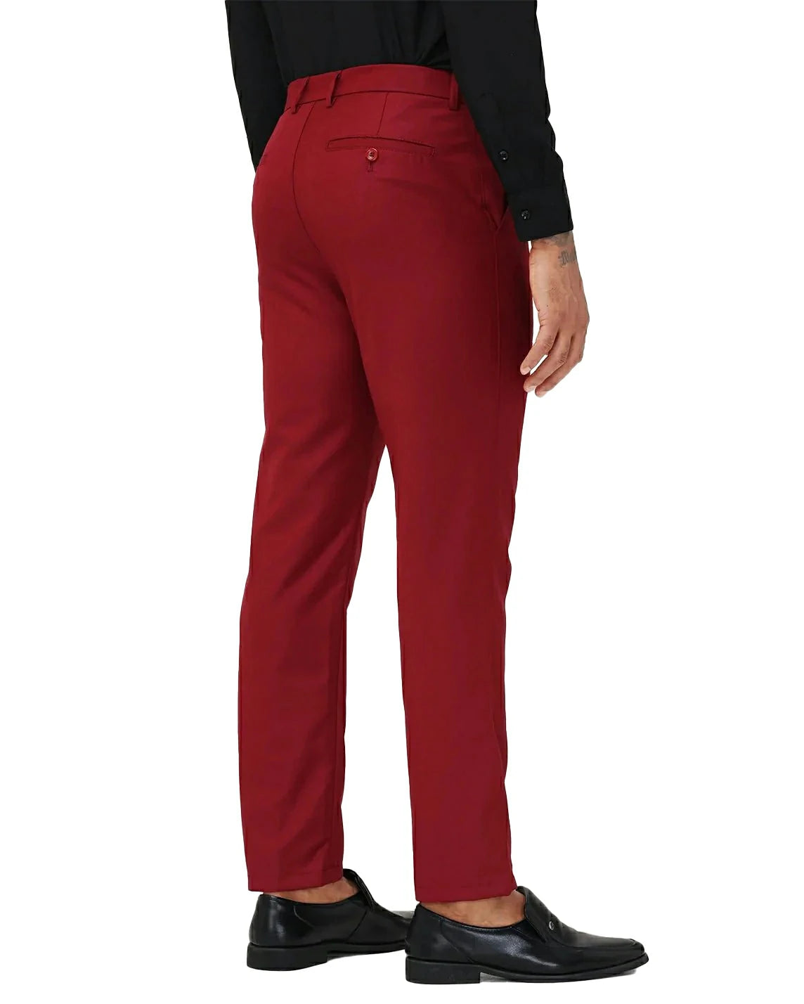 back view of a man wearing solid red dress pants with button back pockets