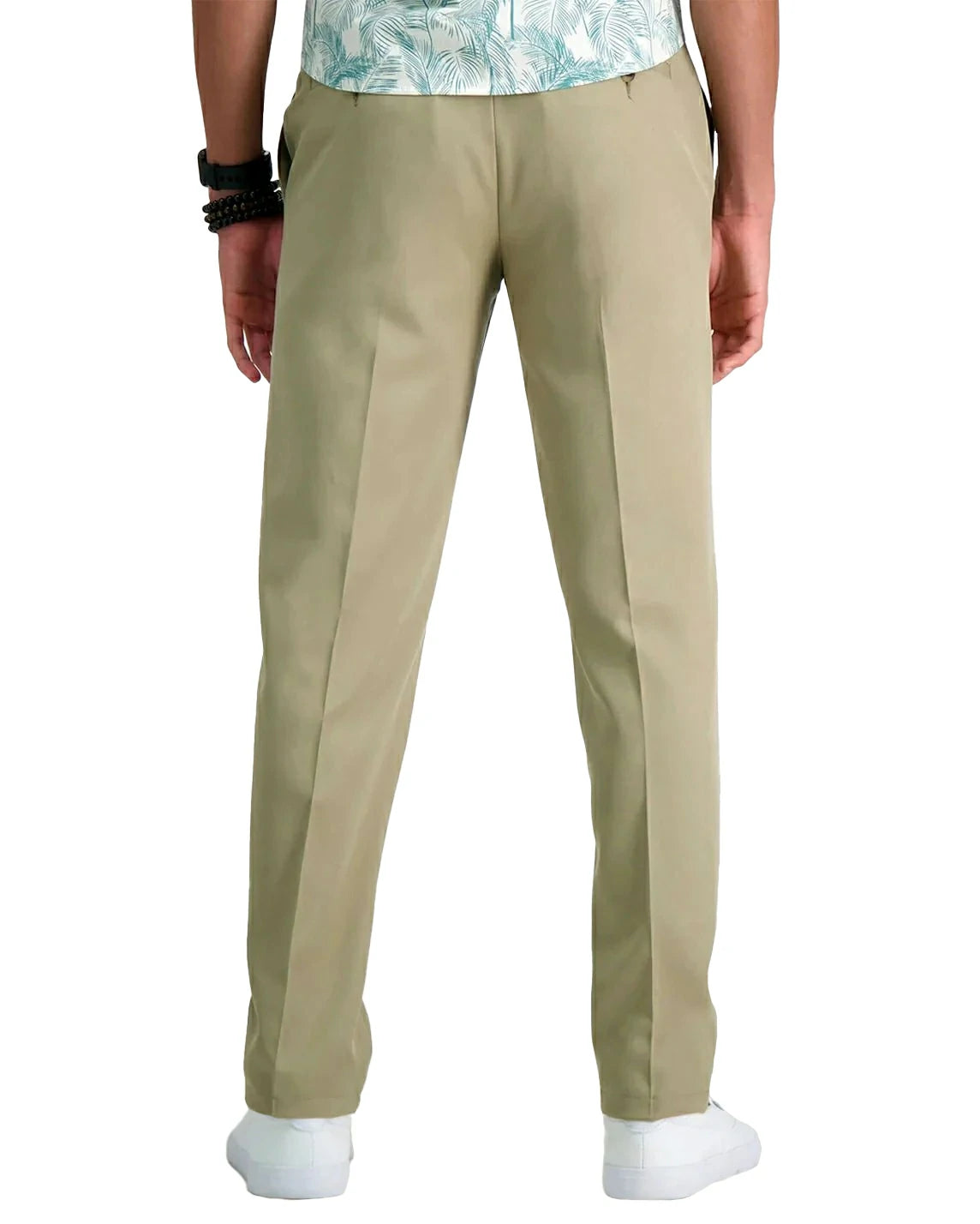 back view of a man wearing solid khaki pants with button back pockets