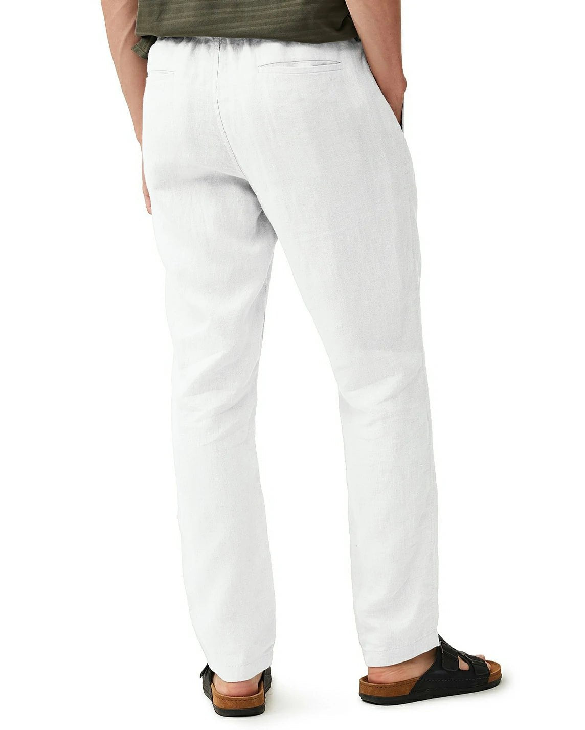 back view of a man wearing solid white linen pants with two back pockets