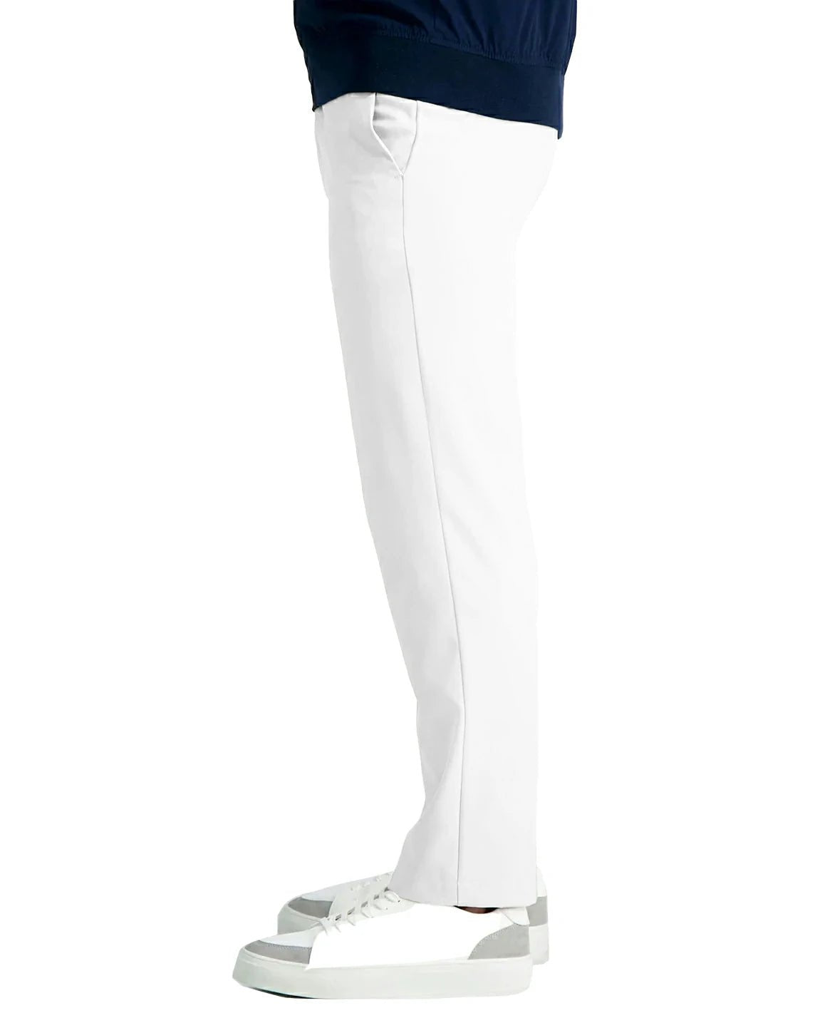 side view of a man wearing solid white pants with side pockets